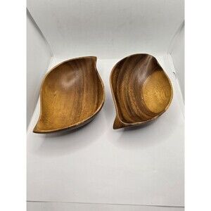 Vintage Monkey Pod Hardwood Hawaii Hand Carved Bowl Leaf 1950s Pair
